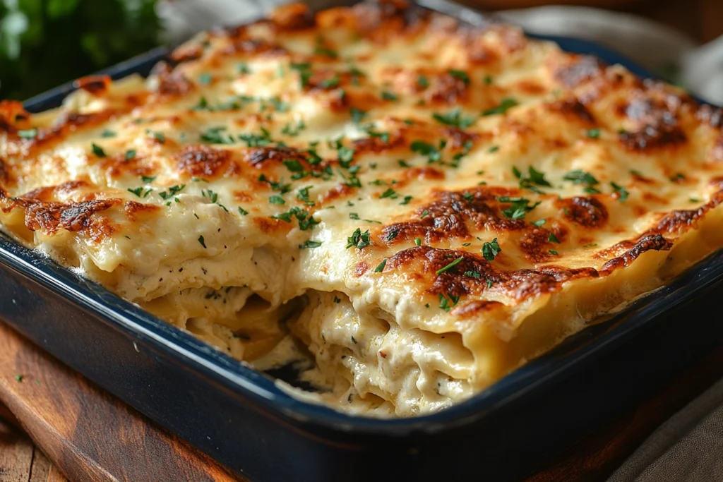 Chicken Alfredo Lasagna: A Hearty and Creamy Comfort Dish.